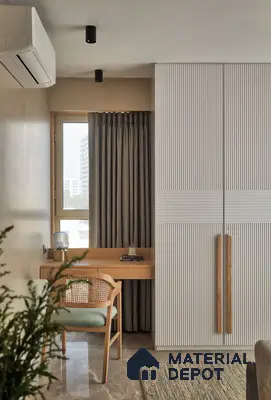 Scandinavian bedroom with white fluted wardrobe, natural wood study desk, and marble floor tile | Material Depot