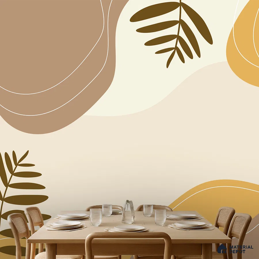 Scandinavian dining room with abstract beige and ochre wallpaper and natural wood dining set in Bengaluru