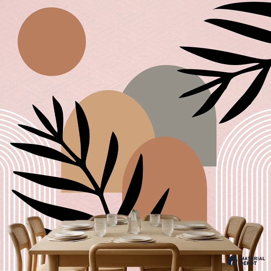 Scandinavian dining room with abstract geometric wallpaper and light wood dining set in Bengaluru