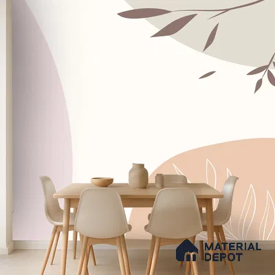 Scandinavian dining room with abstract pastel wallpaper and light wood dining set in Bengaluru