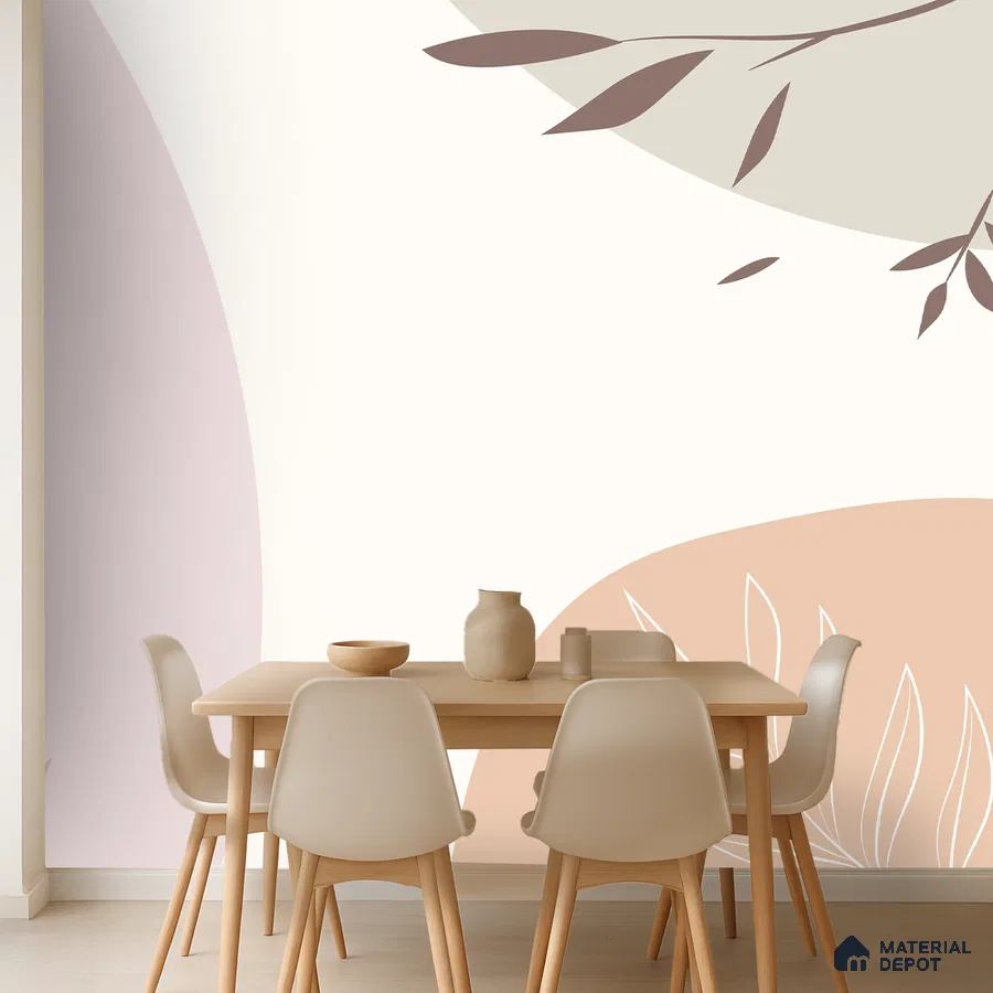 Scandinavian dining room with abstract pastel wallpaper and light wood dining set in Bengaluru