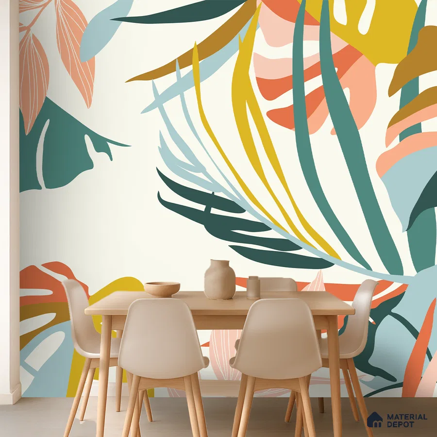 Scandinavian dining room with abstract tropical wallpaper and light wood dining set in Bengaluru
