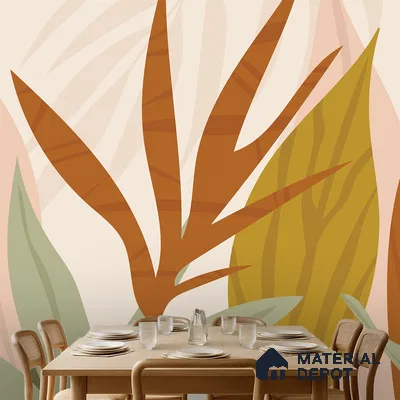 Scandinavian dining room with abstract tropical wallpaper and natural wood dining set in Bengaluru