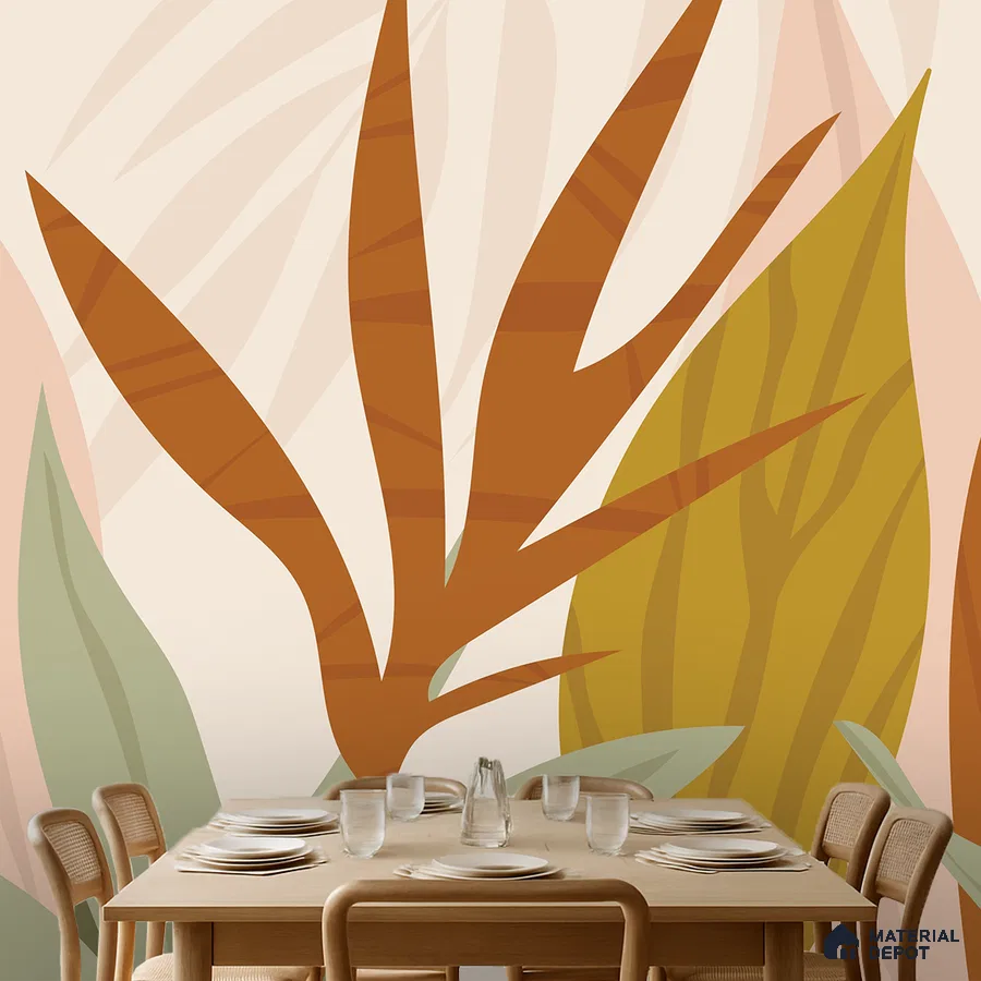 Scandinavian dining room with abstract tropical wallpaper and natural wood dining set in Bengaluru