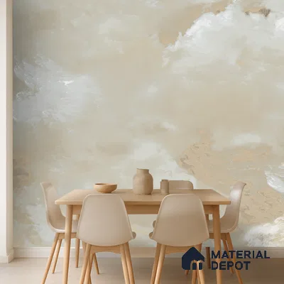 Scandinavian dining room with beige abstract wallpaper and light wood dining set in Bengaluru