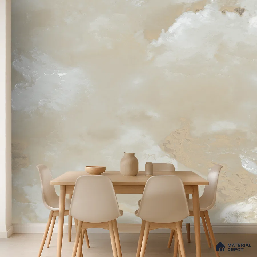 Scandinavian dining room with beige abstract wallpaper and light wood dining set in Bengaluru