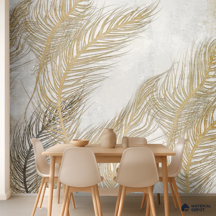 Scandinavian dining room with beige nature-inspired wallpaper and light wood dining set in Bengaluru