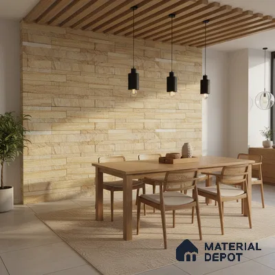 Scandinavian dining room with beige stone cladding wall and light oak wood dining set in Bengaluru