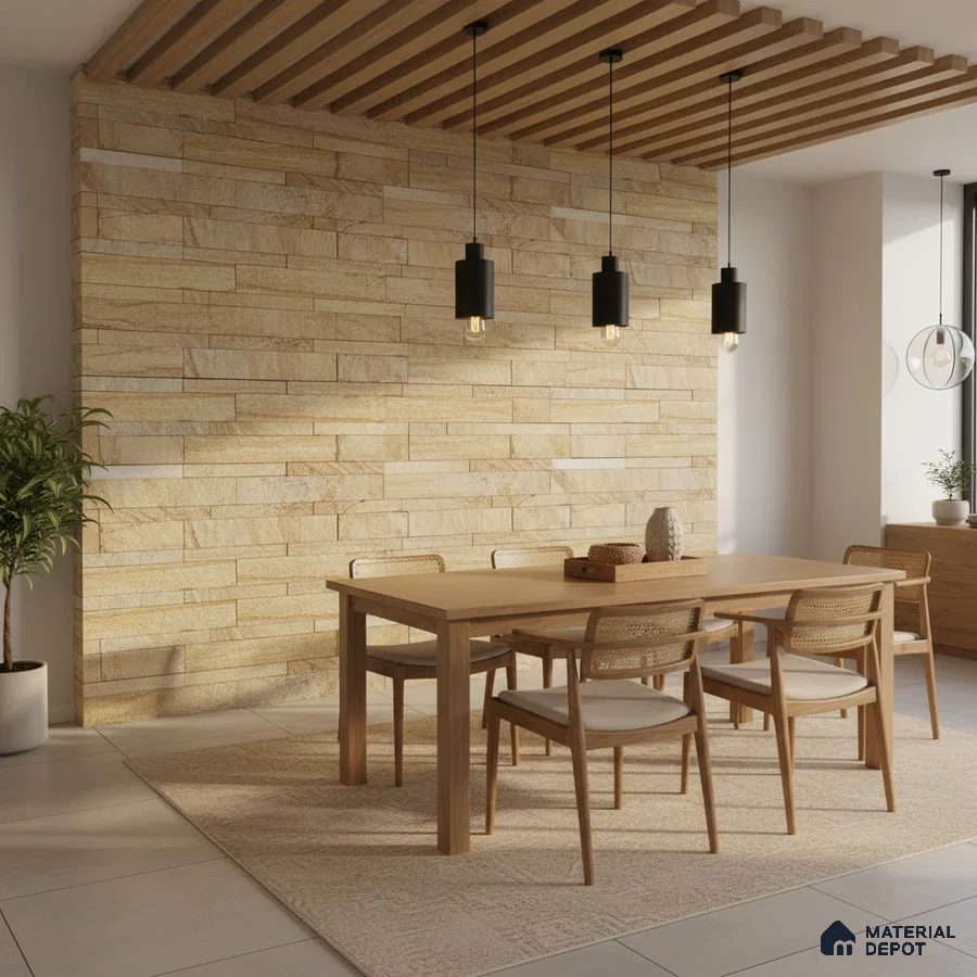 Scandinavian dining room with beige stone cladding wall and light oak wood dining set in Bengaluru