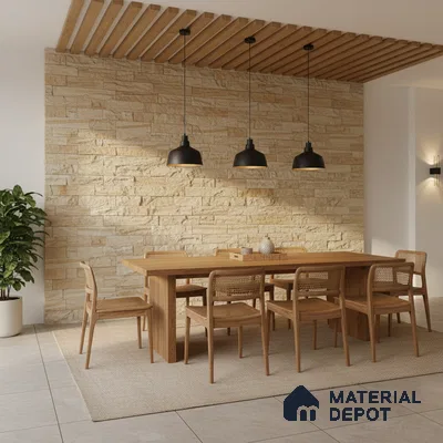 Scandinavian dining room with beige stone cladding wall and natural oak wood dining set in Bengaluru