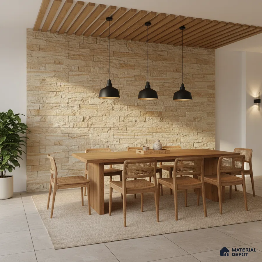 Scandinavian dining room with beige stone cladding wall and natural oak wood dining set in Bengaluru
