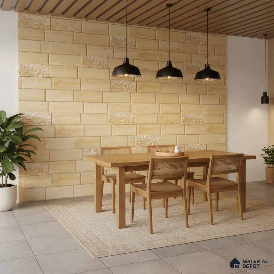 Scandinavian dining room with beige stone cladding wall and natural oak wood dining set in Bengaluru