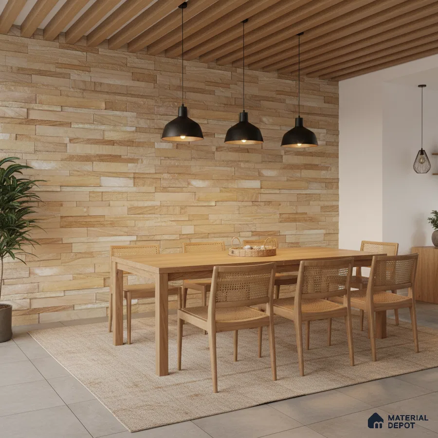 Scandinavian dining room with beige stone cladding wall and natural oak wood dining set in Bengaluru