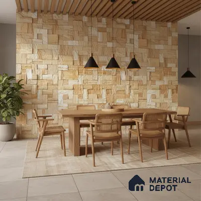 Scandinavian dining room with beige stone cladding wall and natural wood dining set in Bengaluru