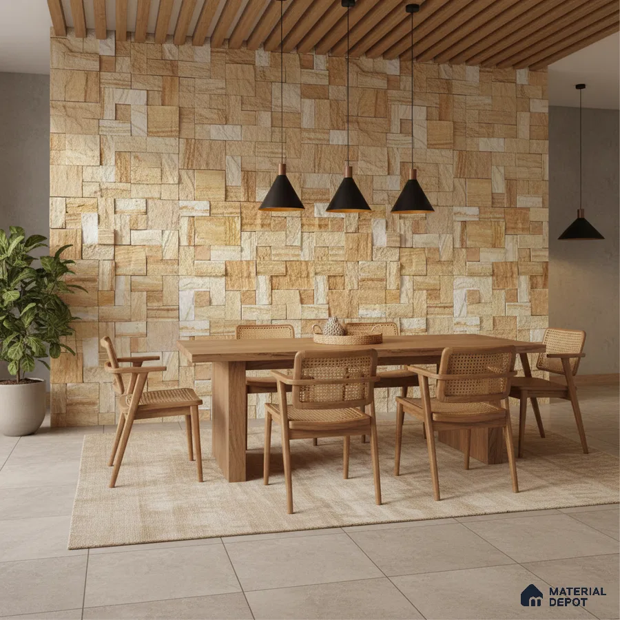 Scandinavian dining room with beige stone cladding wall and natural wood dining set in Bengaluru