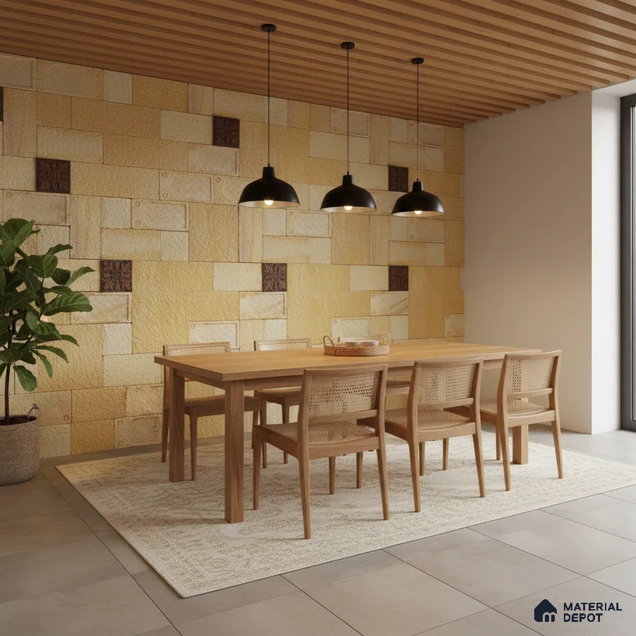 Scandinavian dining room with beige stone cladding wall and natural wood slat ceiling in Bengaluru
