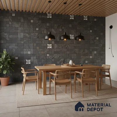 Scandinavian dining room with black slate wall tiles, patterned accent tiles, and natural oak wood furniture in Bengaluru