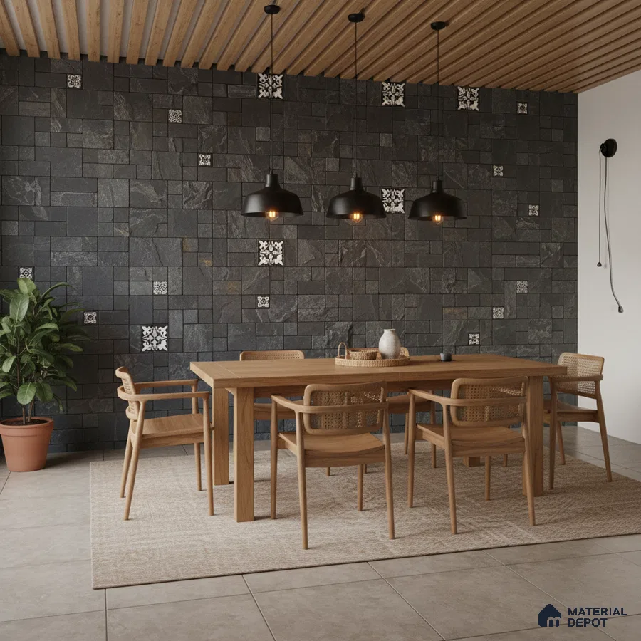 Scandinavian dining room with black slate wall tiles, patterned accent tiles, and natural oak wood furniture in Bengaluru