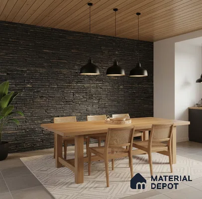 Scandinavian dining room with black stacked stone cladding, natural oak dining set, and wooden ceiling panels in Bengaluru