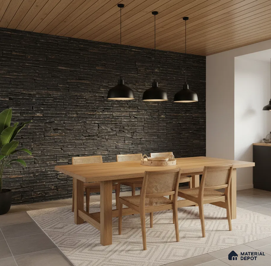 Scandinavian dining room with black stacked stone cladding, natural oak dining set, and wooden ceiling panels in Bengaluru