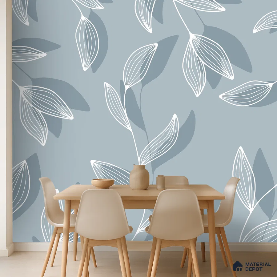 Scandinavian dining room with blue floral wallpaper and light wood dining set in Bengaluru
