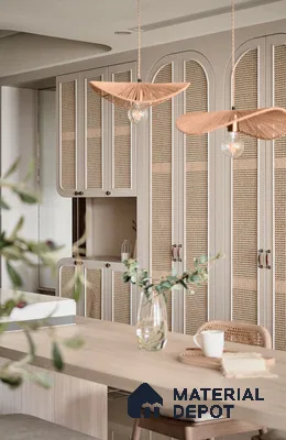 Scandinavian dining room Cubboard with cane shutters and light oak wood table | Material Depot