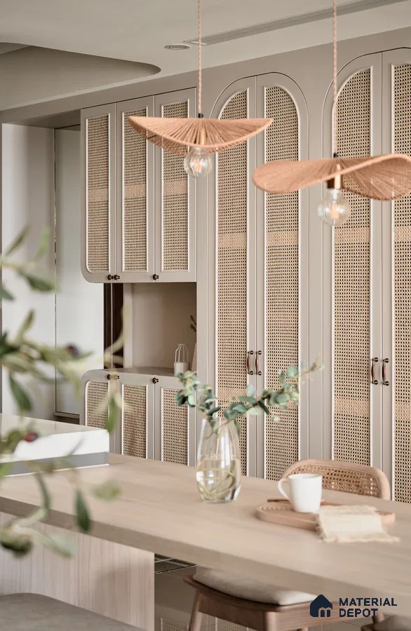 Scandinavian dining room Cubboard with cane shutters and light oak wood table | Material Depot