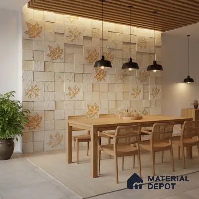 Scandinavian dining room with carved stone leaf accent wall and natural oak dining set in Bengaluru