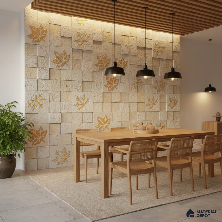Scandinavian dining room with carved stone leaf accent wall and natural oak dining set in Bengaluru