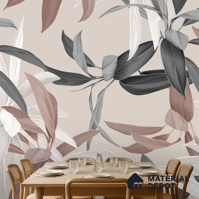 Scandinavian dining room with floral wallpaper and natural wood dining set in Bengaluru