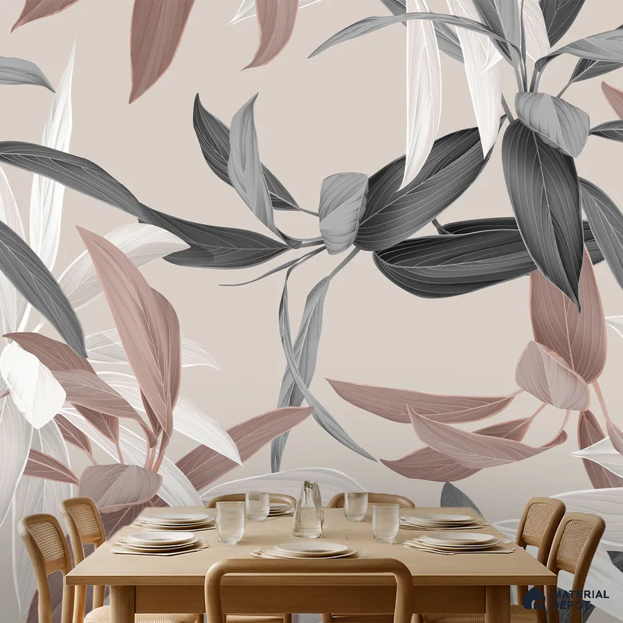 Scandinavian dining room with floral wallpaper and natural wood dining set in Bengaluru