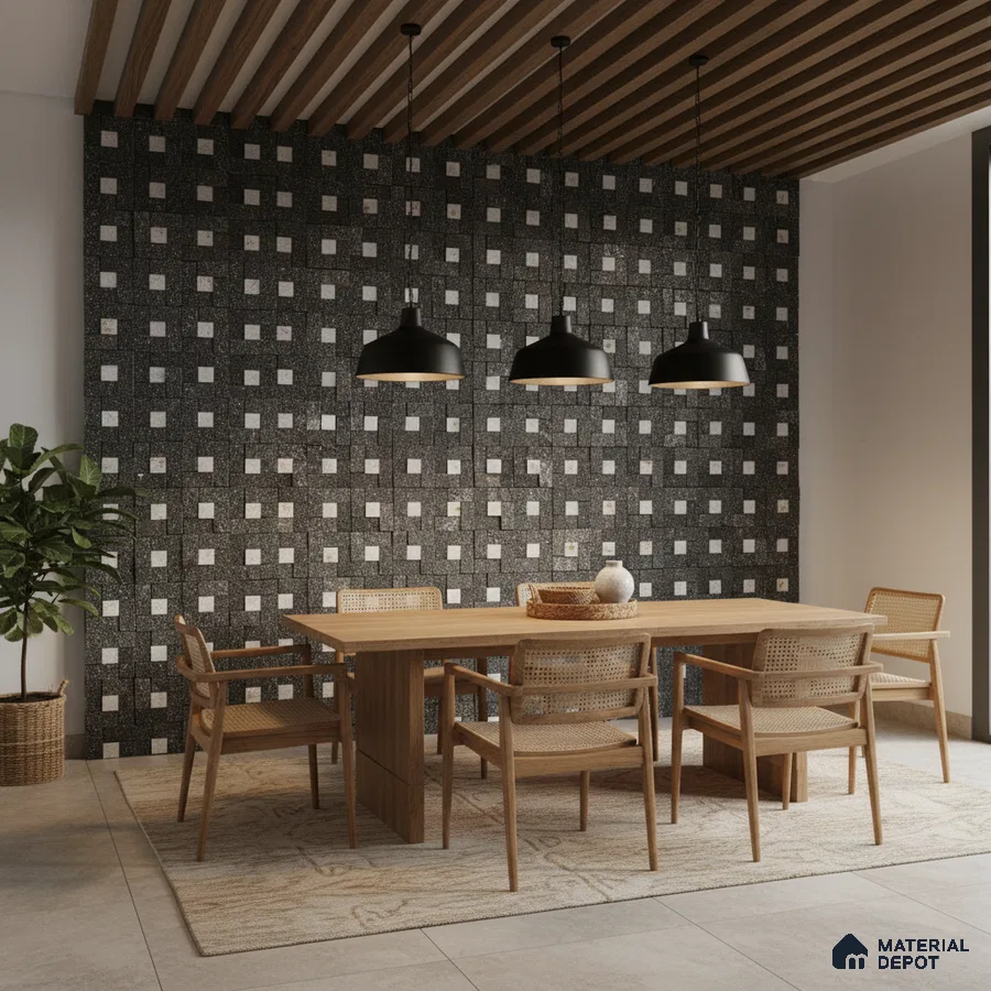 Scandinavian dining room with geometric black stone cladding accent wall and natural oak wood dining set in Bengaluru