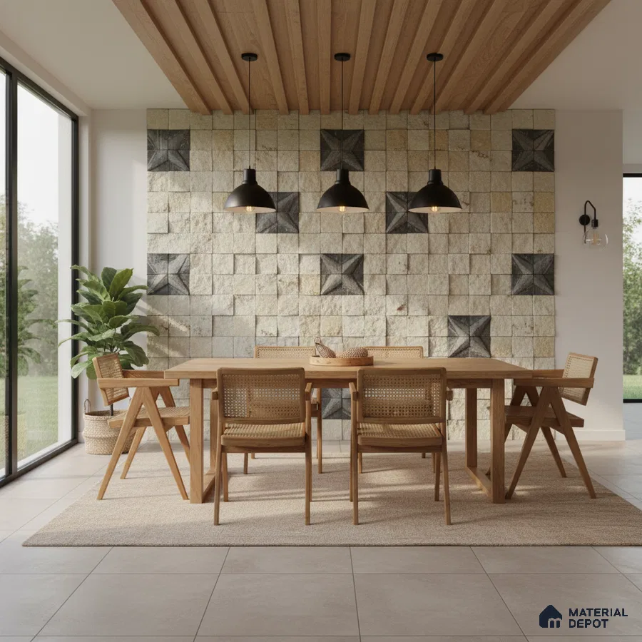 Scandinavian dining room with geometric stone cladding accent wall and natural oak wood furniture in Bengaluru