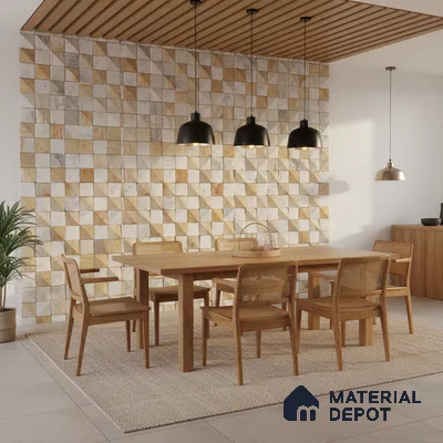 Scandinavian dining room with geometric stone wall tiles and natural oak wood furniture in Bengaluru