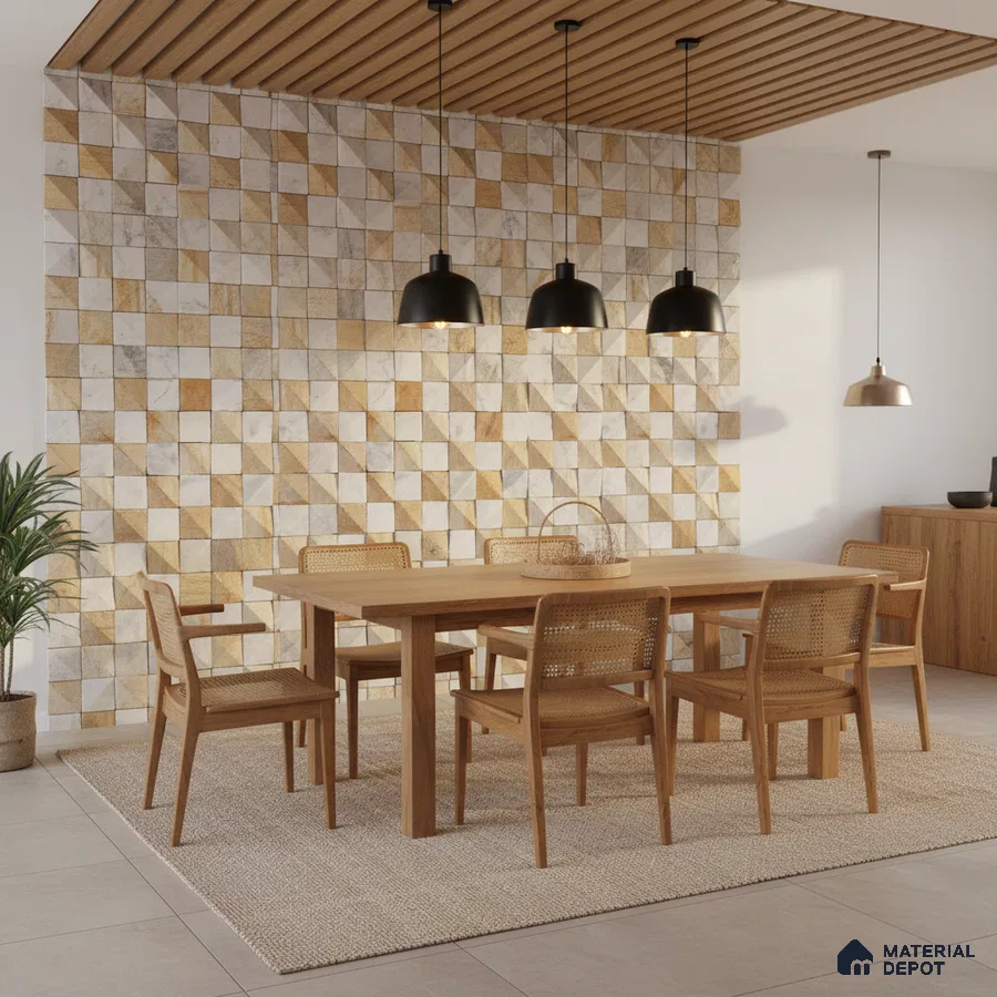 Scandinavian dining room with geometric stone wall tiles and natural oak wood furniture in Bengaluru