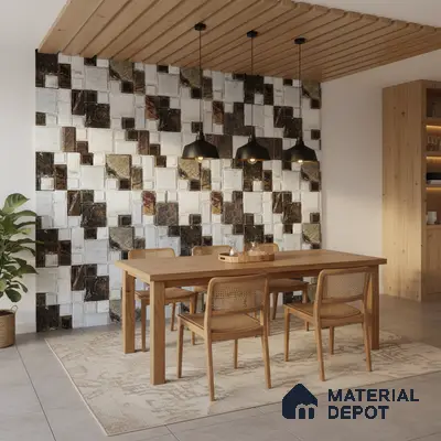 Scandinavian dining room with geometric stone wall tiles and natural oak wood furniture in Bengaluru