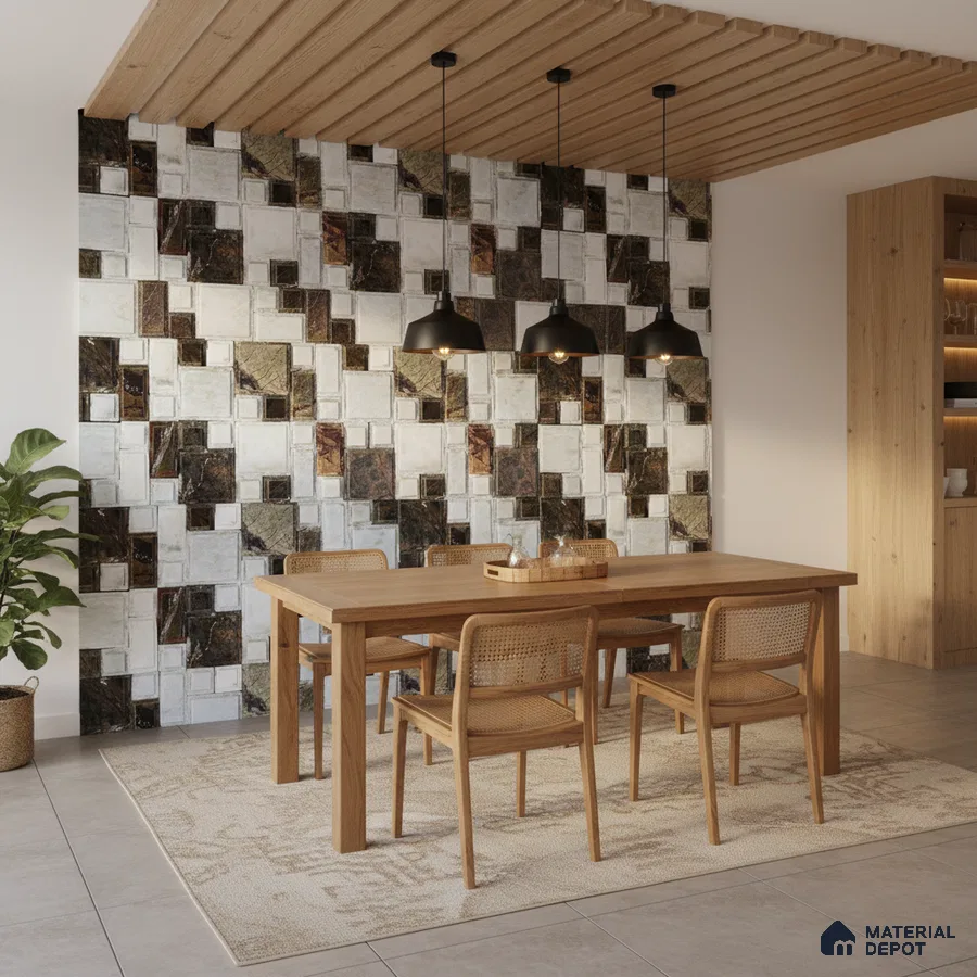 Scandinavian dining room with geometric stone wall tiles and natural oak wood furniture in Bengaluru