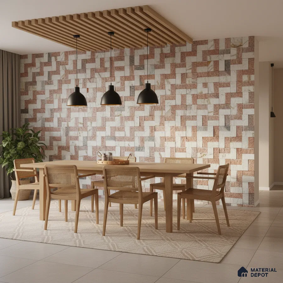 Scandinavian dining room with geometric stone wall tiles and natural wood dining set in Bengaluru