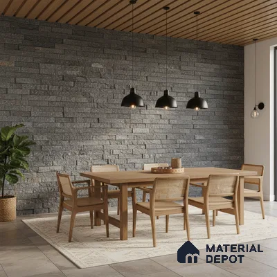 Scandinavian dining room with grey stone cladding wall and natural oak wood dining set in Bengaluru