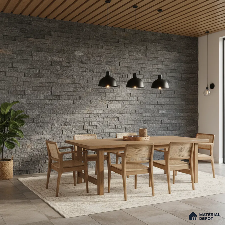 Scandinavian dining room with grey stone cladding wall and natural oak wood dining set in Bengaluru