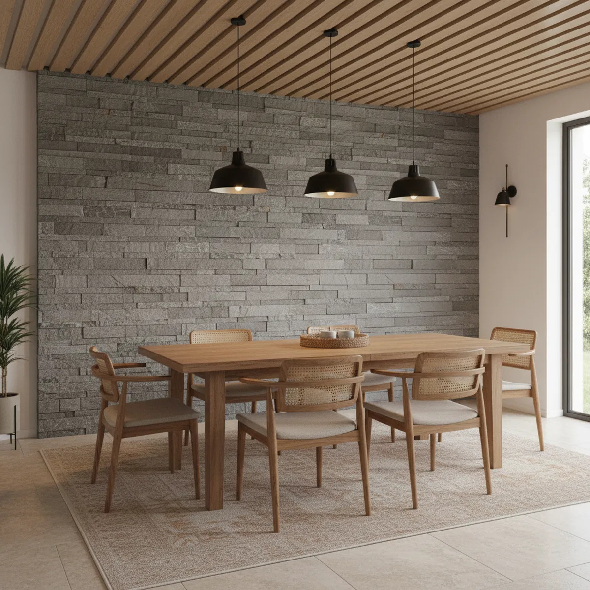 Scandinavian dining room with grey stone cladding wall and natural oak ...