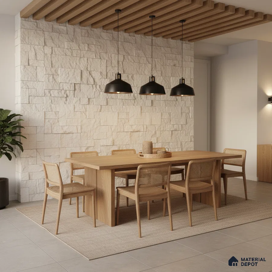 Scandinavian dining room with light oak wood dining set and textured stone cladding accent wall in Bengaluru