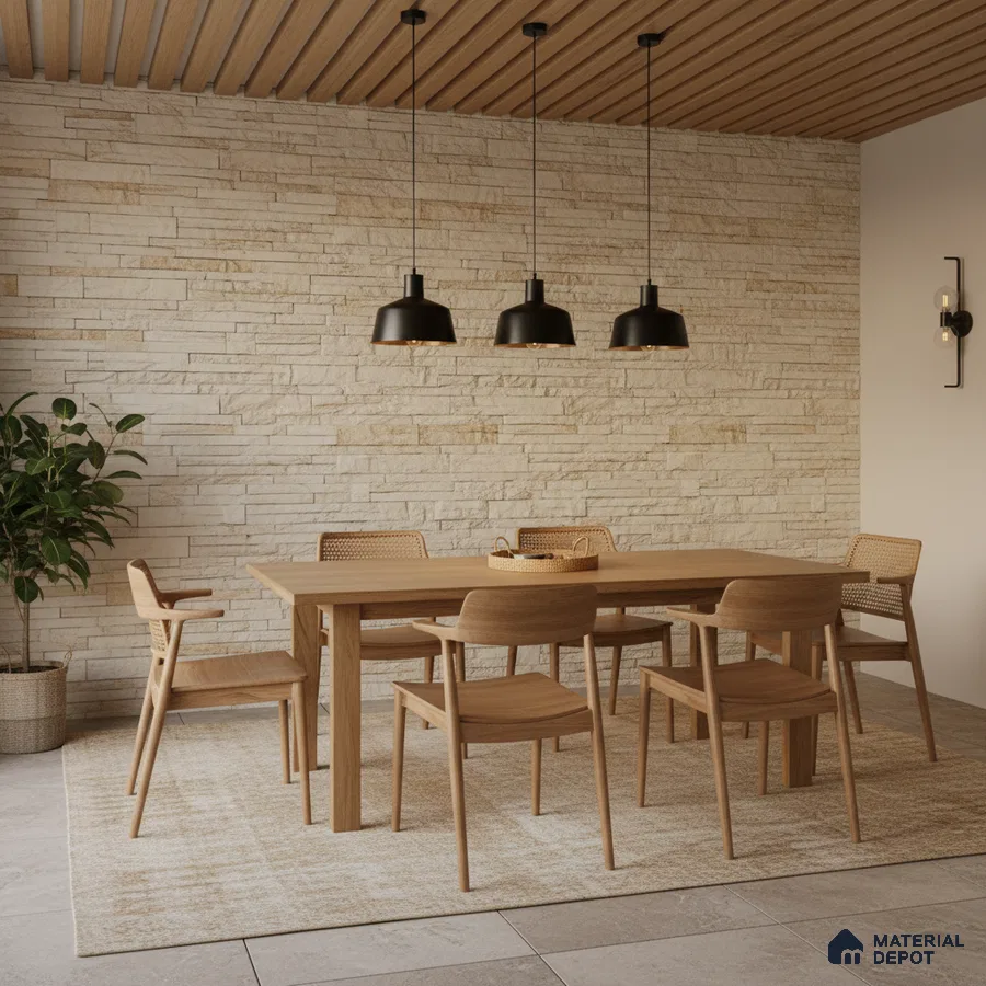 Scandinavian dining room with light oak wood furniture, beige stone cladding wall, and wooden slat ceiling in Bengaluru