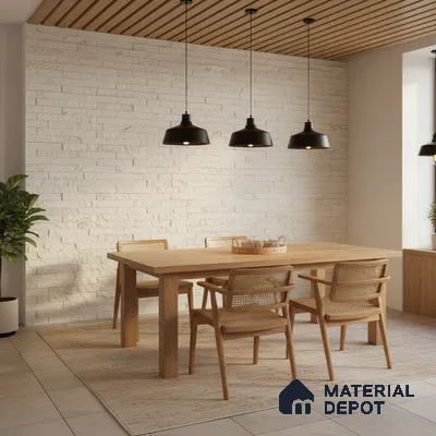 Scandinavian dining room with light oak wood table, white stone cladding wall, and wooden slat ceiling in Bengaluru