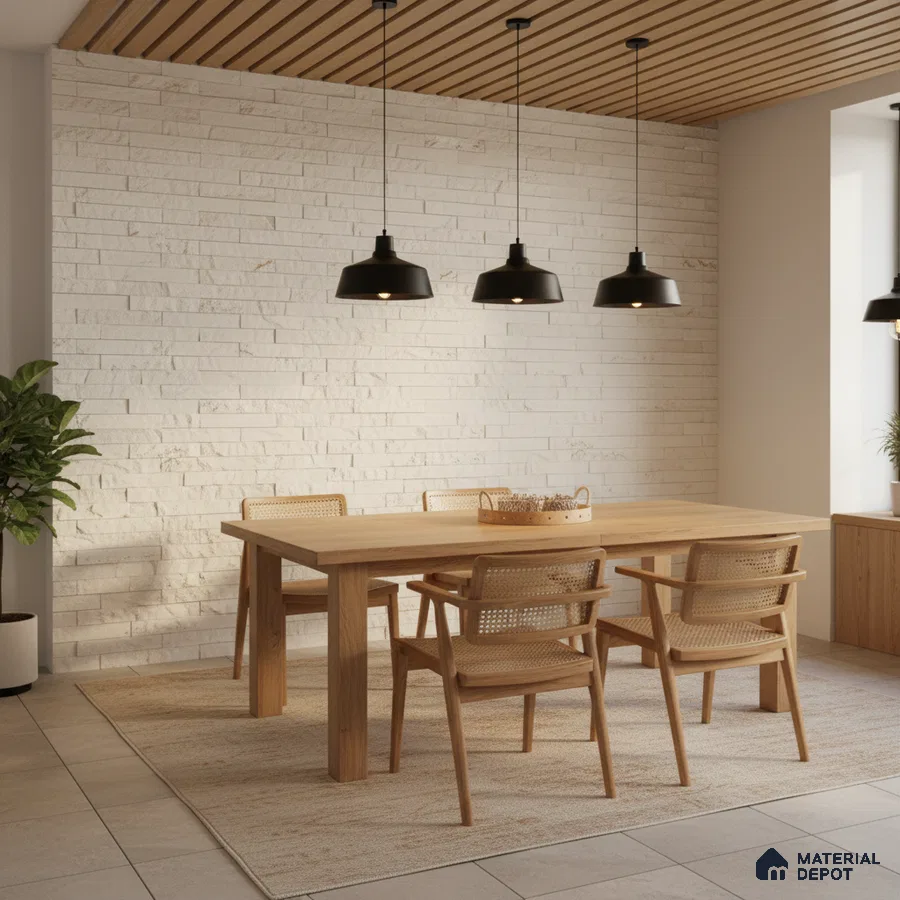 Scandinavian dining room with light oak wood table, white stone cladding wall, and wooden slat ceiling in Bengaluru