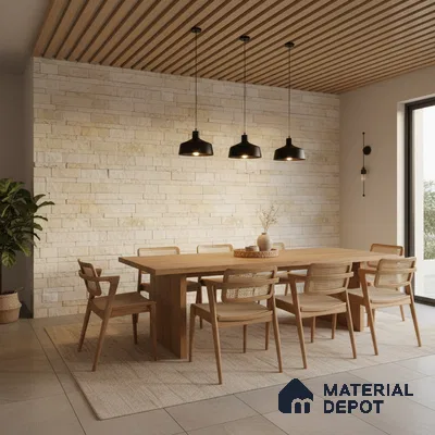 Scandinavian dining room with light stone cladding wall and oak wood dining set in Bengaluru