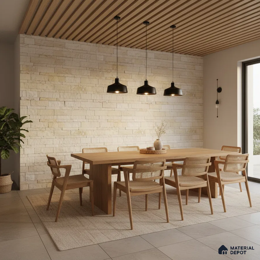 Scandinavian dining room with light stone cladding wall and oak wood dining set in Bengaluru