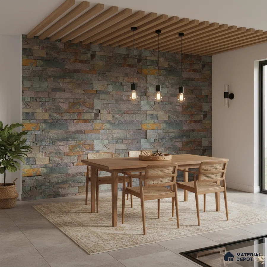 Scandinavian dining room with multicolor stone cladding wall and natural wood dining set in Bengaluru