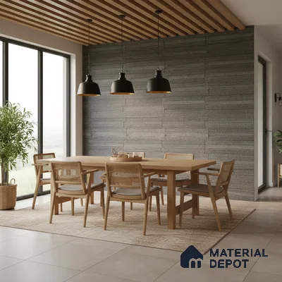 Scandinavian dining room with natural oak dining set, grey textured wall panels, and wooden ceiling louvers in Bengaluru
