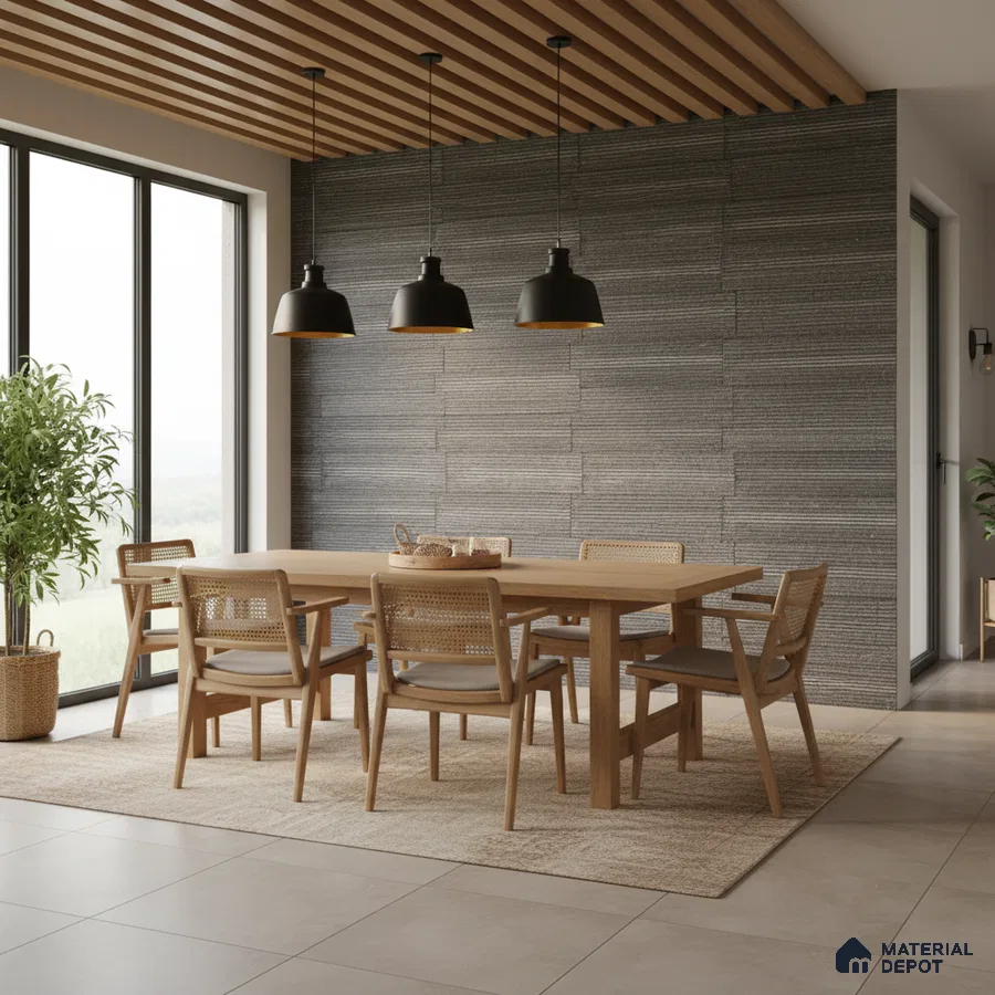 Scandinavian dining room with natural oak dining set, grey textured wall panels, and wooden ceiling louvers in Bengaluru